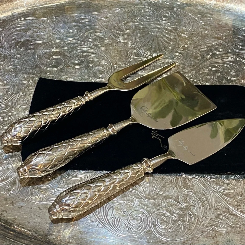 Vintage Julia Knight 3 Piece Cheese Serving Set Silver Florentine Charcuterie